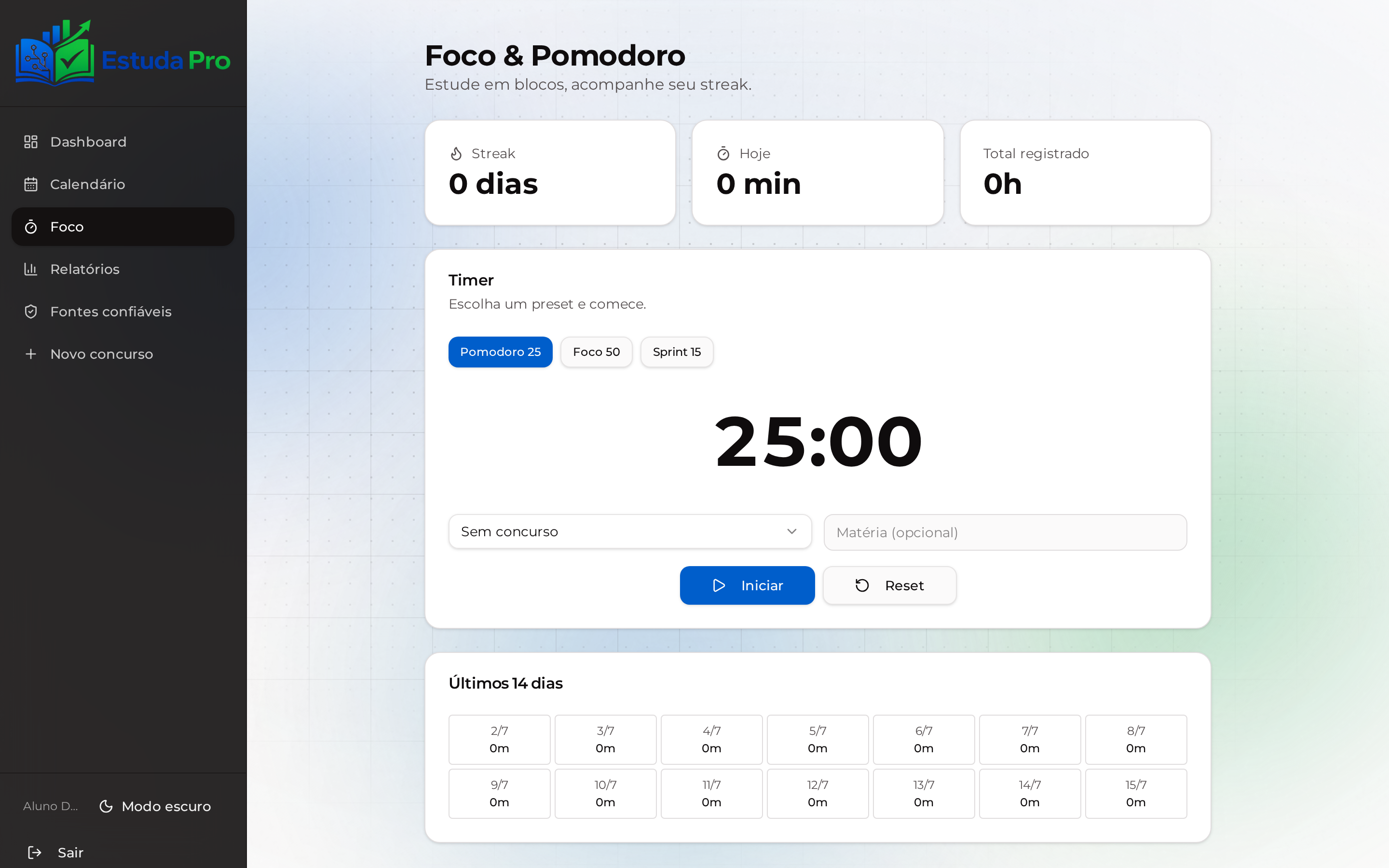 Tela real do EstudaPro: Foco & Pomodoro
