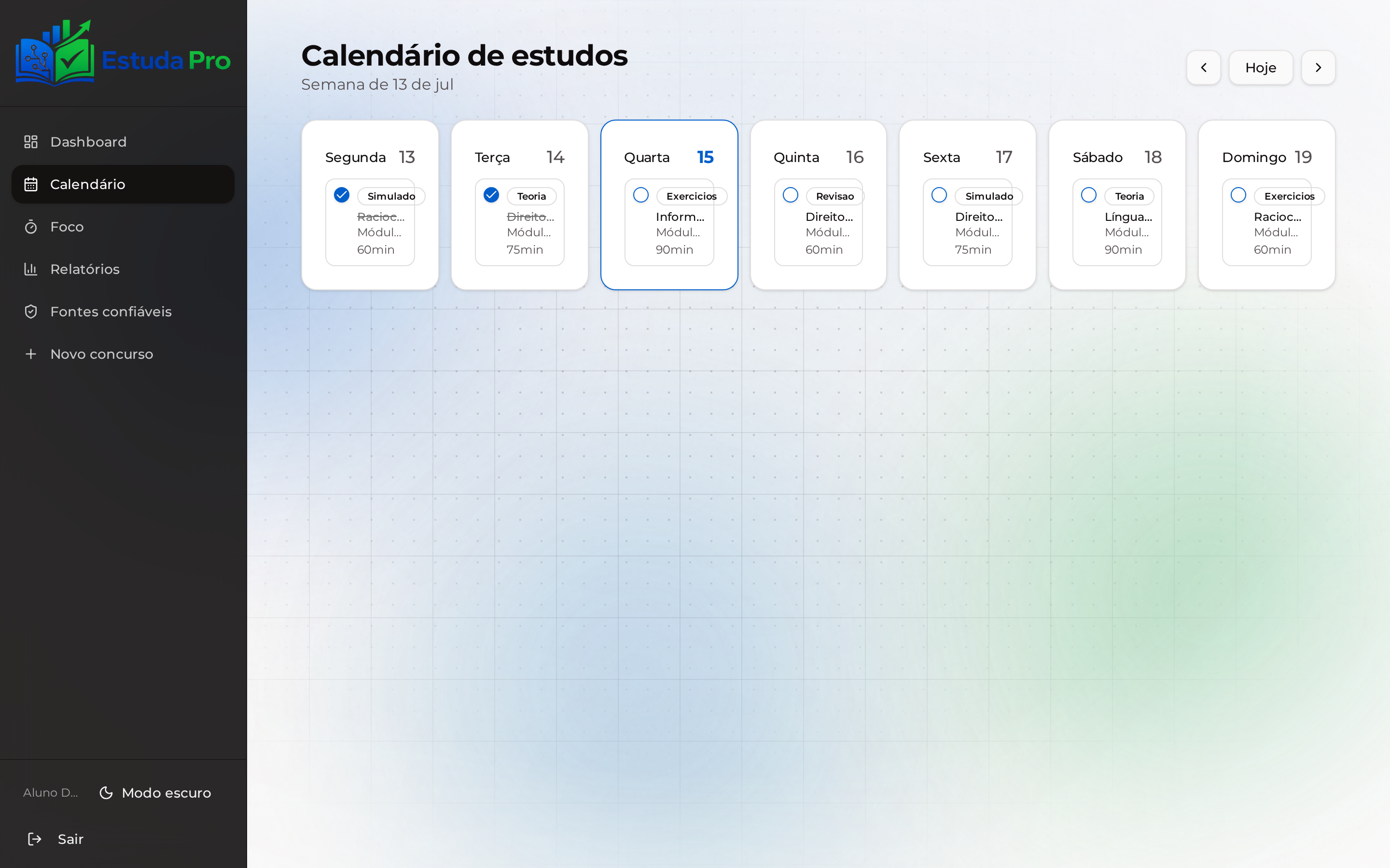 Tela real do EstudaPro: Calendário