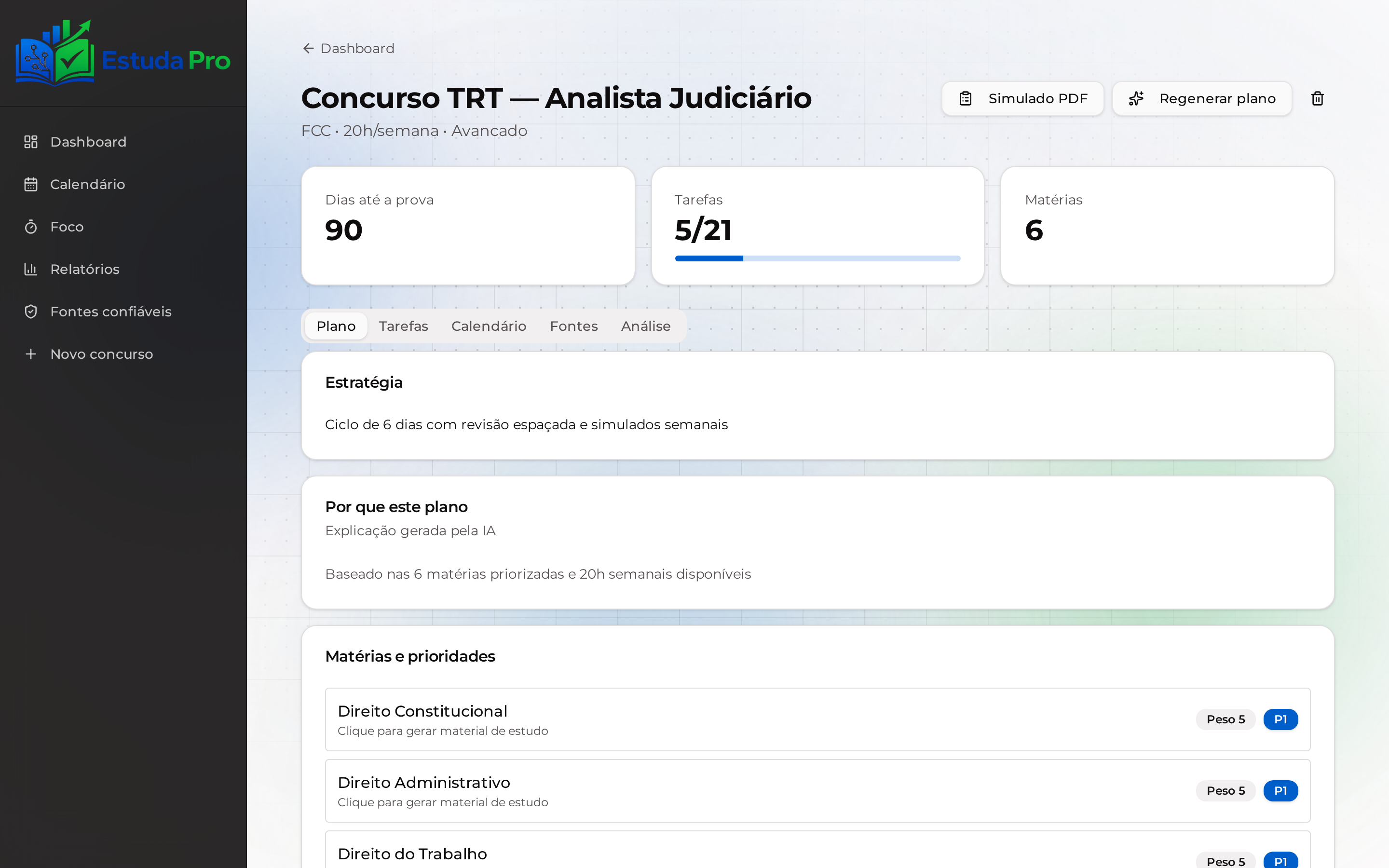 Tela real do EstudaPro: Plano do concurso
